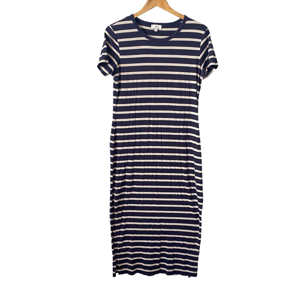 AG Adriano Goldschmied Women Large Nautical Navy Blue Striped Midi T-Shirt Dress
